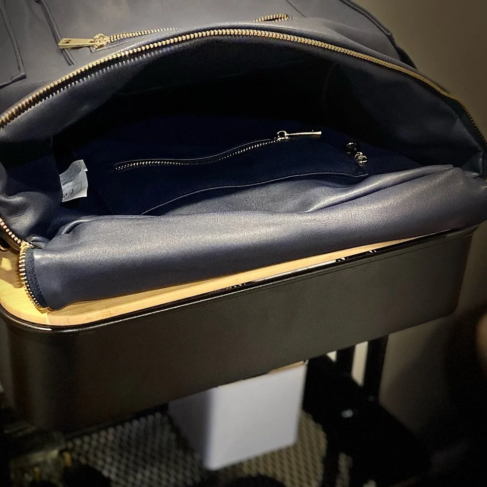 Fawn design navy blue leather diaper bag